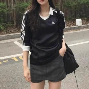 아디다스 삼선 스트라이프 새틴 폴로 롱 슬리브 티셔츠 블랙 IR6099