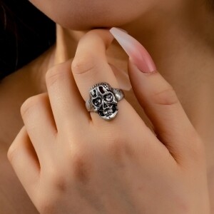 Y2K 펑크 클럽 남녀공용 빈티지 레드 포인트 해골 실버 반지