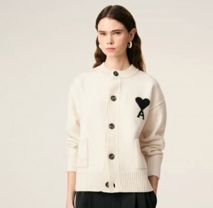 아미 로고 인타르시아 메리노 울 가디건